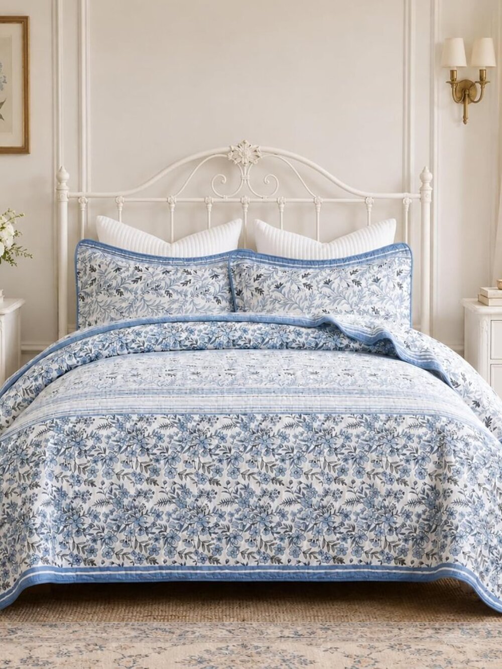 100% Cotton Blue Queen Quilt Set Floral Striped 90"x98" 3 Pieces